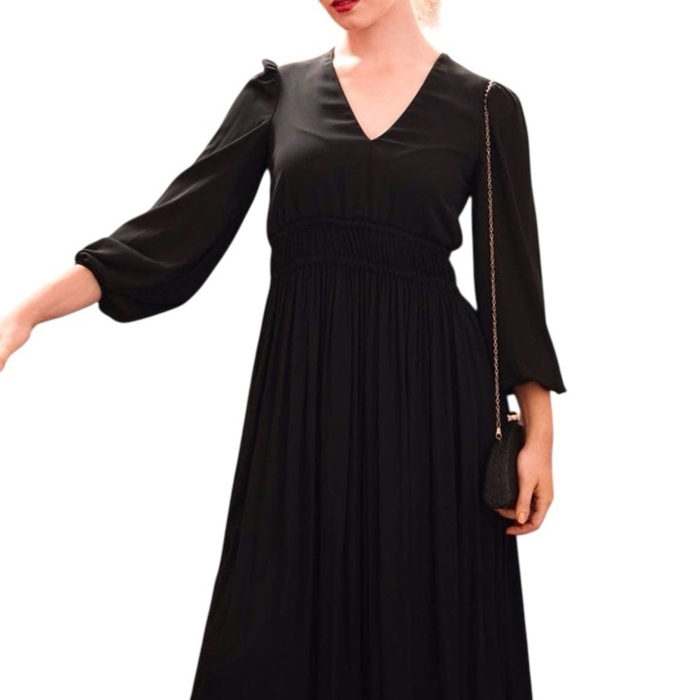 Black Pleated Tiered Gown with Bishop Sleeves